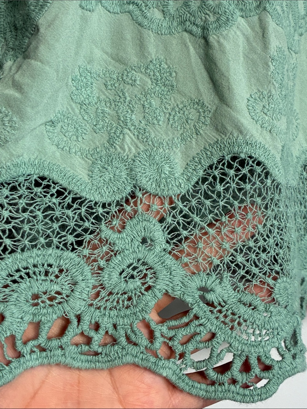 Democracy Sage Green Embroidered Crochet Peasant Blouse - Picture 4 of 9